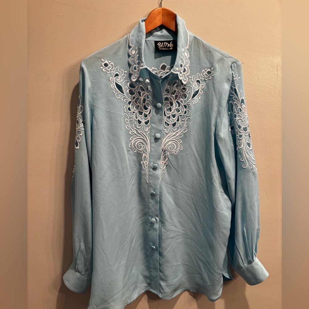 Bob Mackie Light Blue Wearable Art Shirt cut-out medium silk elegant western